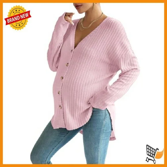 Maternity Long Sleeve Ribbed Knit Button Down Shirt Drop Shoulder V Neck - Picture 2 of 6